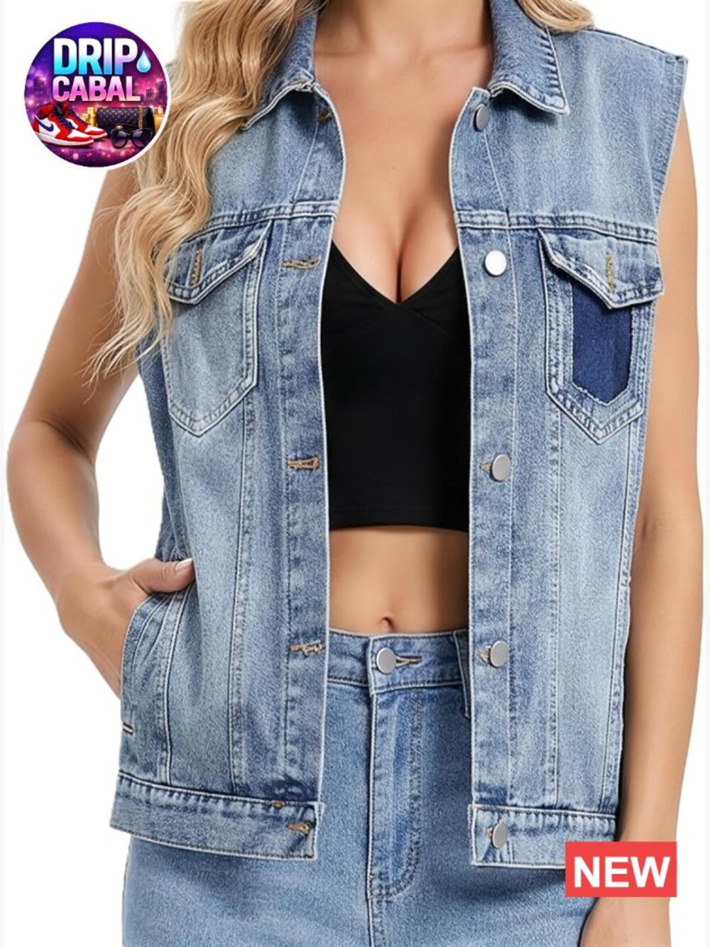Sleeveless Denim Vest with 4 Pockets Contrast Panel Vintage Y2K Streetwear